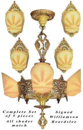 Fantastic SET Containing a Williamson Art 4-Light Art Deco Chandelier and Four Lovely Matching Sconces (ANT-1400)